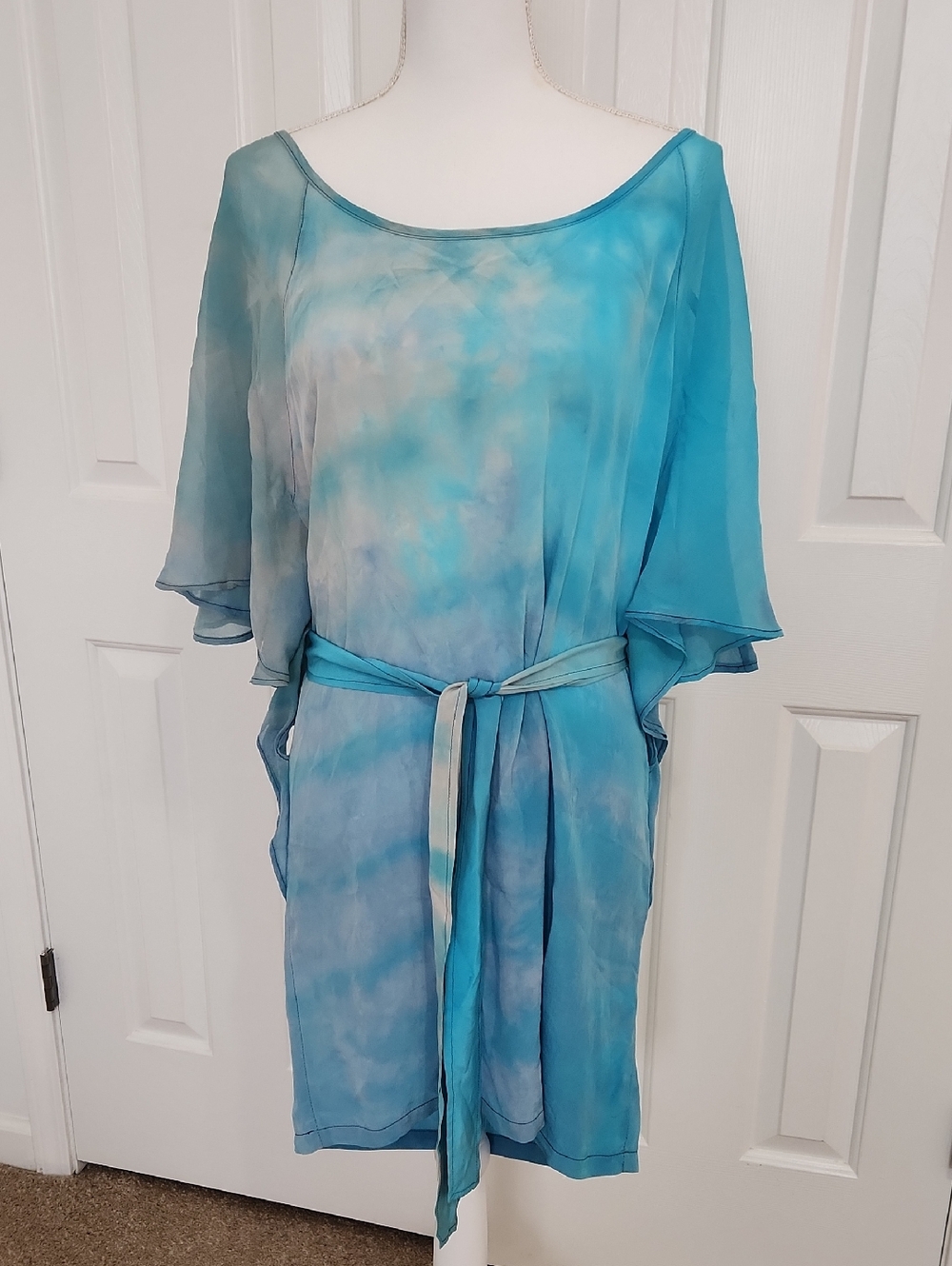 Gypsy05 100% Silk Blue Watercolor Tie Die Belted Dress Small Boho Mermaidcore